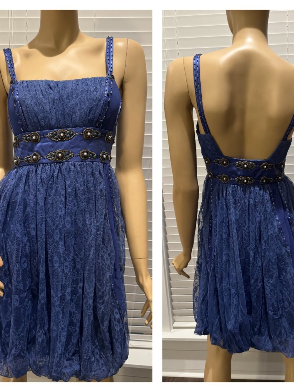 Sue Wong Y2K Silk Bubble Dress Beaded Evening Gown Royal blue gold midi short K2